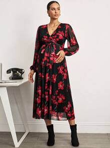 MaterniWear 办公室,商务休闲女装,秋装,秋装,孕妇装秋装孕妇装孕妇花卉印花重叠V领灯笼袖优雅连衣裙 - 黑色 - 查看 1