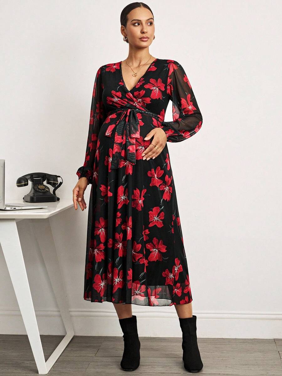 MaterniWear 办公室,商务休闲女装,秋装,秋装,孕妇装秋装孕妇装孕妇花卉印花重叠V领灯笼袖优雅连衣裙 - 黑色 - 查看 1