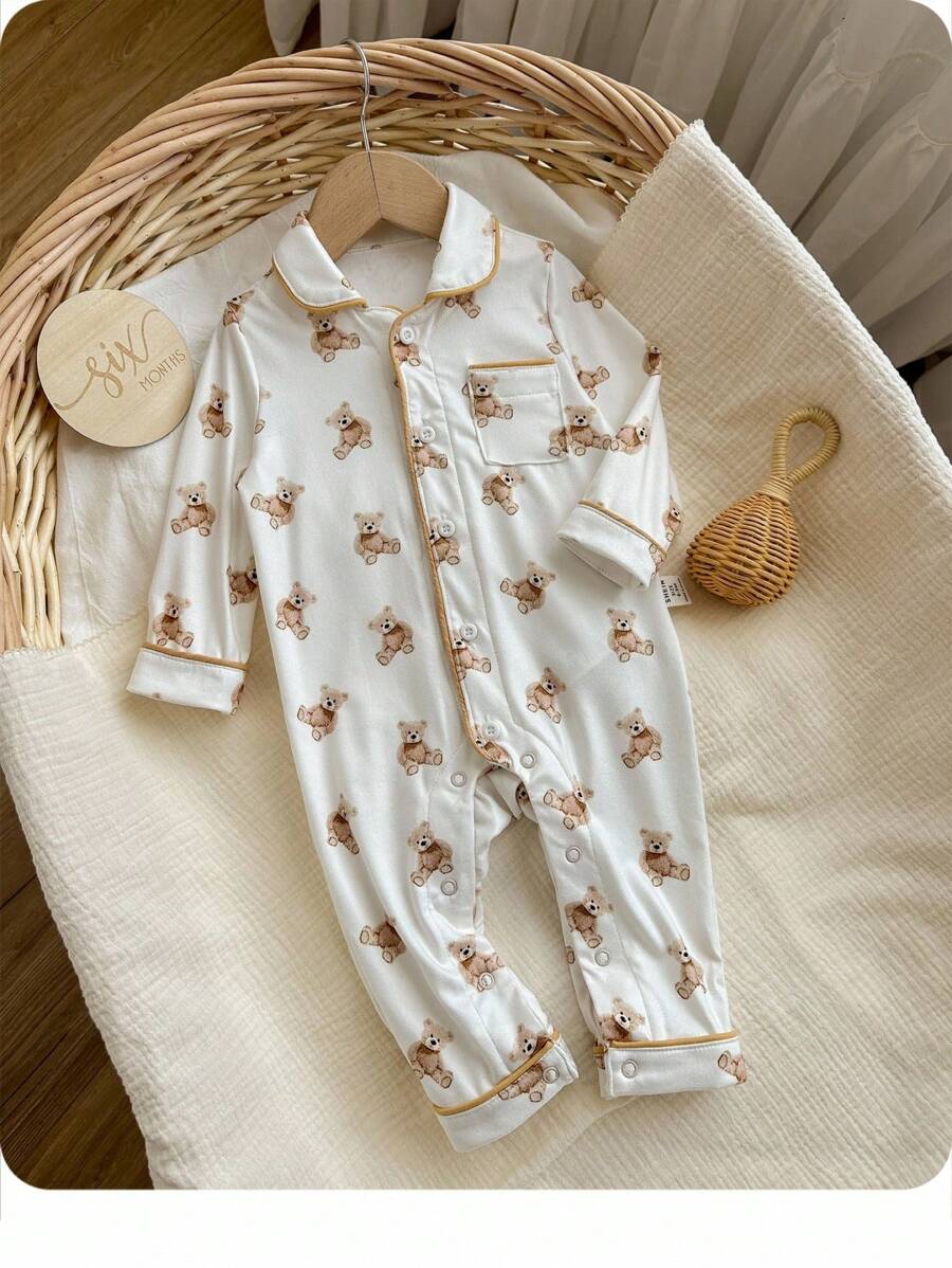 Newborn Baby Boy Cute Bear Pattern Lapel Button Pocket Long Sleeve Jumpsuit Soft Loungewear