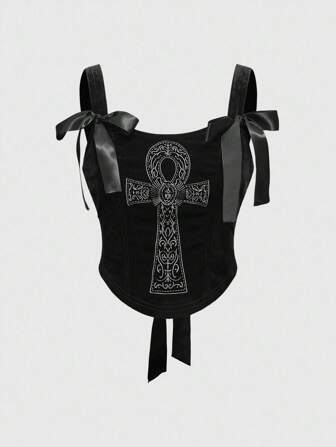 Goth Gothic Vintage Palace Ancient Egyptian Ankh Cross Embroidered Bowknot Back Corset Top, Women Camisole