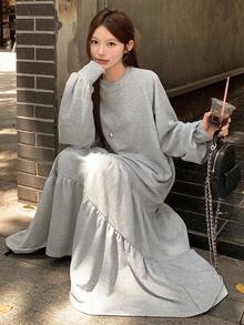 DAZY 女士纯色圆领灯笼袖荷叶边下摆休闲连衣裙长裙 - 灰色 - 查看 6