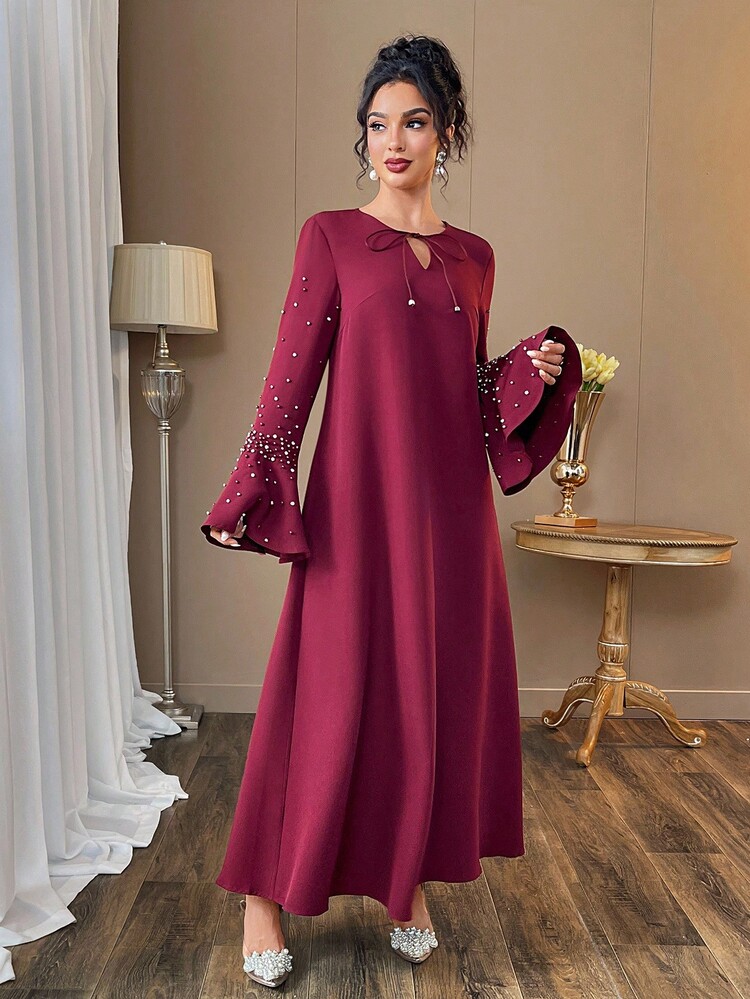 SHEIN Najma 优雅复古奢华串珠宽松舒适时尚年轻通勤连衣裙 - 酒紅色 - 查看 5