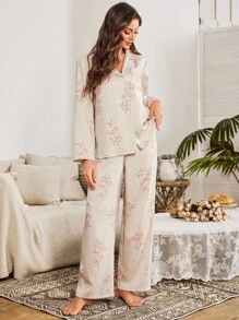 SHEIN Women's Floral Print Lapel Collar Vacation Style Long Sleeve Top & Pants Pajama Set, Summer Pajama Set, Fall Winter Clothes Cozy And Elegant Details
