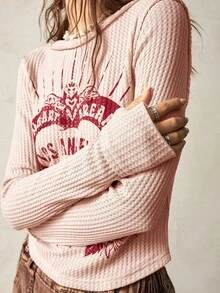 Bohemela Camiseta de mujer de manga larga, cuello redondo, de punto de unicolor, con estampado frontal central, para vacaciones