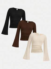 Girlism Tween Girl Multicolor Fall Rib-Knit T-Shirts With Flare Sleeves And Boat Neckline, Long Sleeve Crop Top, 3 Packs Top Winter