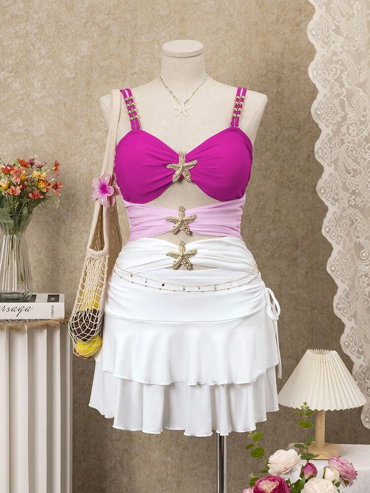 SHEIN Swim Curve 加大码 1 件套泳衣，金属点缀简约设计，女士度假海滩装 - 彩色 - 查看 6