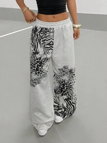 StreetHx 女款浅灰色豹纹街头潮流宽松朋克风 Y2K 坏蛋学院风返校通勤休闲运动裤 - 淺灰色 - 查看 5