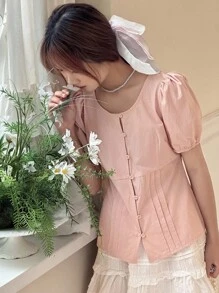 Dazy Kids 少女可爱泡泡袖衬衫，秋装 - 粉色 - 查看 1