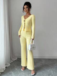 Elenzga 2pcs Set Elegant Commuter Solid Color Tie-Up Cardigan & Knit Pants Yellow Two Piece Set Ribbed Two Piece Set Two Piece Sets For Women Butter Yellow Two Piece Set Tie Front Two Piece Set Fall Winter Cloth For Women