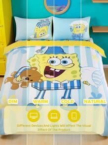 SpongeBob SquarePants | SHEIN 3 件套床上用品，柔软温暖的拉绒材质，蓝色条纹卡通图案羽绒被套，适用于单人床/双人床/大号床/特大号床 - 彩色 - 查看 13