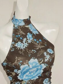SHEIN ICON Y2K 夏季外出波西米亚西部乡村音乐会女式性感露背花卉印花挂脖上衣，夏季 - 棕色 - 查看 9