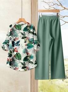 Rusticease 女士休闲树叶印花长袖两件套