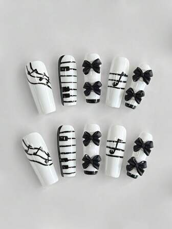 Anime 10pcs Black & White Musical Note & Piano Keyboard Designed High Quality False Nails + 3 Sheets Double-Sided Adhesive, Removable & Reusable Coffin Shaped Fake Nails With Chic Bow Element, Suitable For Holidays, Parties, Dancing And Daily Wear