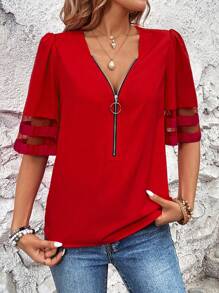 SHEIN LUNE 女士纯色前拉链 3/4 袖宽松休闲衬衫 - 紅色 - 查看 3