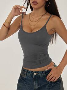 SHEIN PETITE Dark Grey Spaghetti Strap Knit Cami Top With Backless Casual Style,Sexy Top Y2k Clothes Women Tops Backless Tops Low Back Top Low Rise Jeans Y2k Jeans Top Y2k Top - Dark Grey - View 7