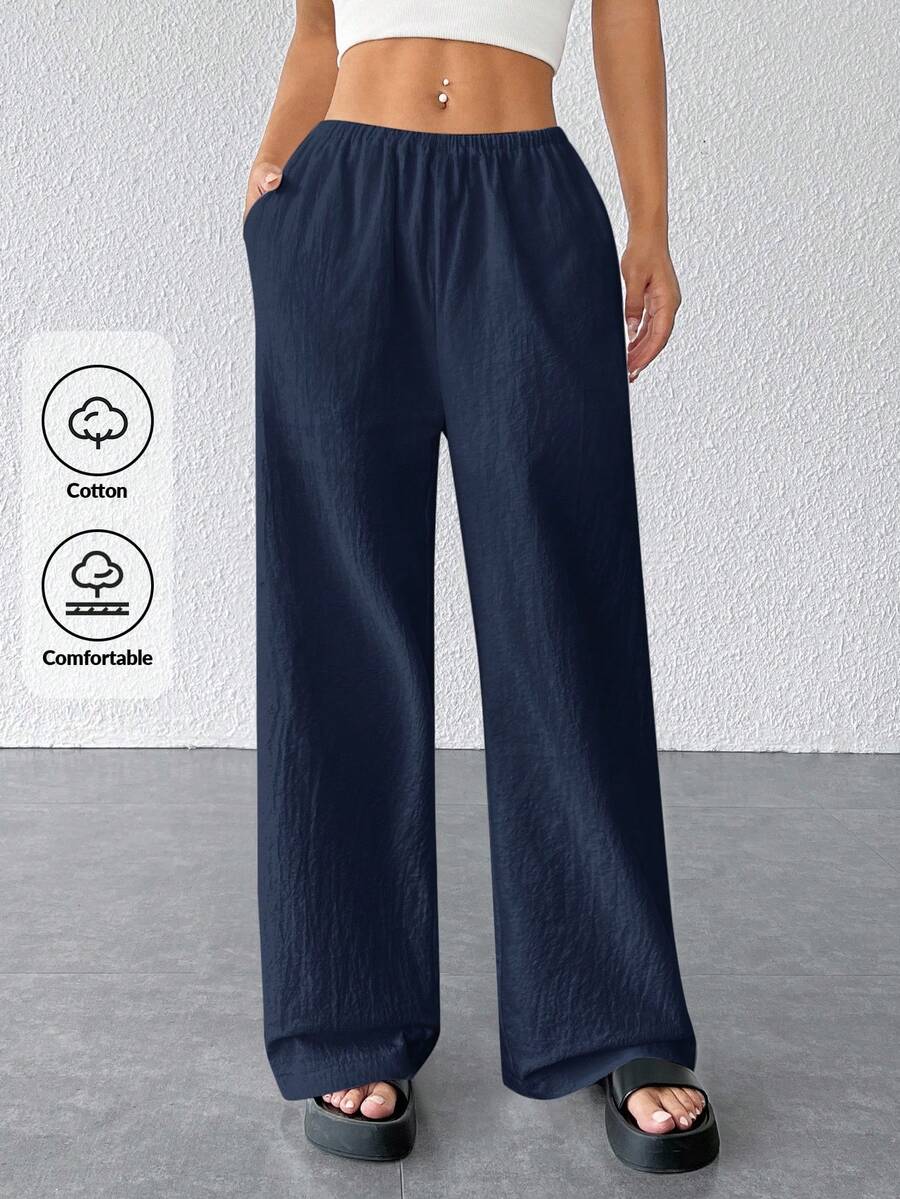 SHEIN PETITE 女士纹理简约宽松阔腿裤 - 藏蓝色 - 查看 1