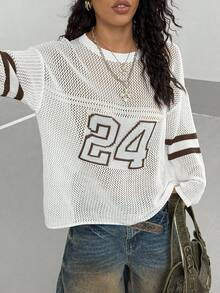 StreetHx New Letter Contrast Color Jacquard Casual Loose Hollow Out Round Neck Sweater Fall Winter Cloth For Women - White - View 1