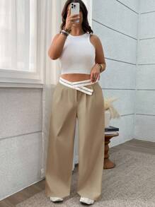Plus Size Women Contrast Color Pleated Wide Leg Loose Casual Beach Pants - Ginger - View 5