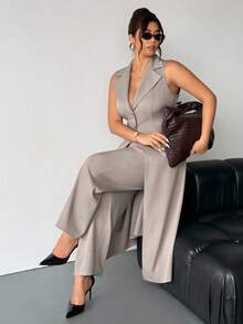 Firerie Plus Size Women Long Sleeveless Blazer Suit In Spring - Khaki - View 4