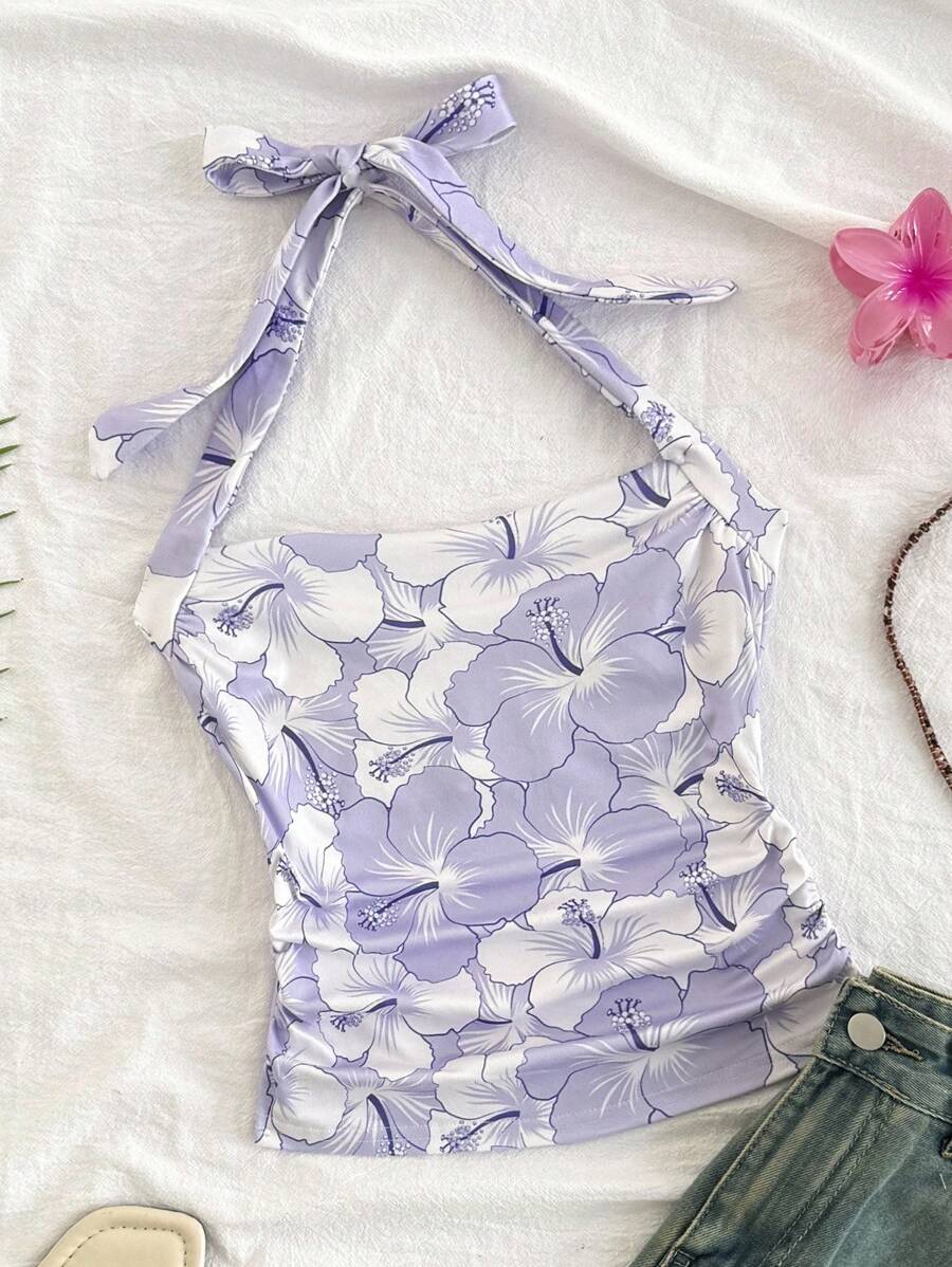 SHEIN Áo hai dây in hoa thời trang cho bé gái tuổi mới lớn, dáng ôm, ôm vừa vặn, thích hợp cho tiệc tùng, trà chiều, bãi biển, du ngoạn - Màu tím hoa cà - Xem 1