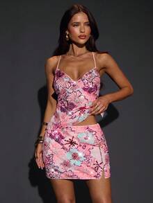 SHEIN BAE Váy mini thêu họa tiết màu hồng trơn mùa thu, váy mini thanh lịch cho ngày lễ của quý cô - Hồng - Xem 4