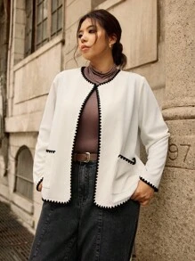 Easura 大码女式长袖休闲修身特制拉链夹克 - 杏色 - 查看 4