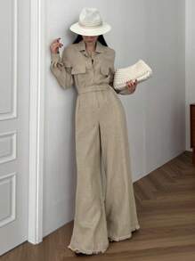 DAZY Bộ áo liền quần dài tay kiểu vintage thường ngày dành cho nữ - Màu Khaki - Xem 5