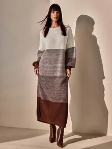 CLARA VERO 拼色落肩毛衣，长袖毛衣裙 - 奶油色 - 查看 3