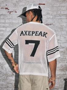 AXEPEAK 男士数字条纹镂空V领短袖针织上衣 - 白色 - 查看 1