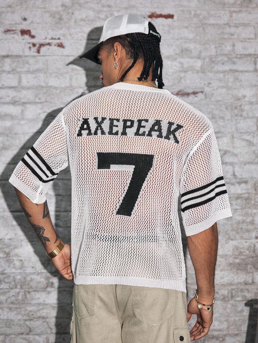 AXEPEAK 男士数字条纹镂空V领短袖针织上衣 - 白色 - 查看 1