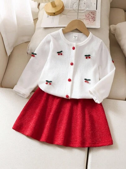 Girls Cute Cherry Knitted Long Sleeve Cardigan & Red Dress Set Fall Winter