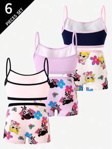 3件套可爱嘻哈飞女孩印花棉质舒适吊带背心和平角短裤内衣套装适合年轻女孩返校时尚