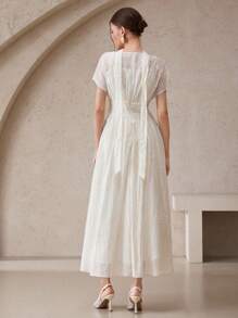 Modelyn Women's Floral Jacquard Round Neck Batwing Sleeve Waist Cinched Elegant Dress