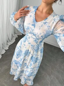 Modelyn 女式花卉印花V领灯笼袖优雅连衣裙 - 藍色 - 查看 4