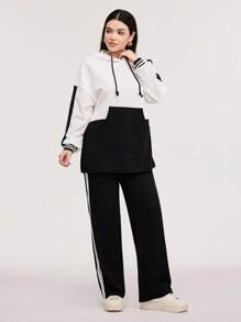 Veilorie 双色条纹侧抽绳连帽衫和裤子套装 2 件套 - 黑與白 - 查看 5