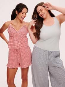 LUVLETTE 夏季女士红色格子图案纯棉V领吊带背心可爱睡衣上装和短裤套装，透气性感可爱睡衣套装，荷叶边长裤带口袋，内衣外穿舒适居家必备，平衡百搭，也适合青少年女孩、年轻女孩和儿童。 - 紅色 - 查看 11
