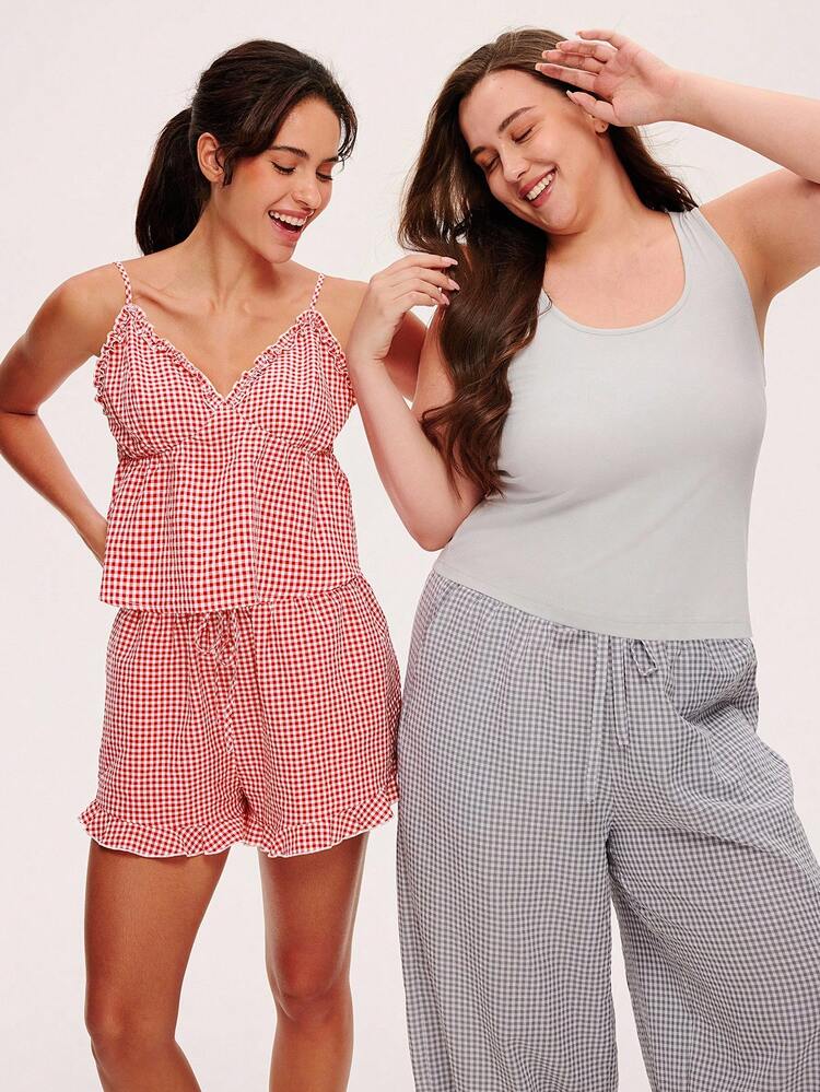 夏用 レディース レッドチェック柄 コットン Vネック キャミソール かわいいスリープトップ&ショーツ エアリー セクシー かわいいパジャマセット フリルパンツ ポケット付き ルームウェア チェック柄 ティーンガール、若者、子供にも適しています