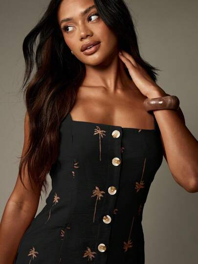 MISSGUIDED Linen Feel Button Down Mini Dress With Palm Tree Embroidery MISSGUIDED