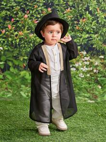 3pcs Baby Boy Summer Casual Elegant Black Mid-Length Robe, Including White Collared Short Sleeve Shirt And White Casual Pants 3-Piece Set, Suitable For Birthday Party, Evening Event, Performance, Wedding, Baby Shower, Christening And 1st Birthday Celebration