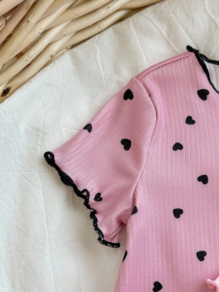 Dozemod 儿童 4 件套新生女婴可爱卡通猫和心形图案荷叶边下摆上衣和裤子休闲舒适家居睡衣套装 - 淺粉色 - 查看 6