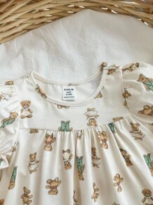 Bé Gái Dễ Thương ASlouchylouchy Họa Tiết Gấu Dệt Kim Váy Ngủ Có Đường Viền Cổ Bong Bóng Và Viền Ruffle Viền - Màu Khaki - Xem 3