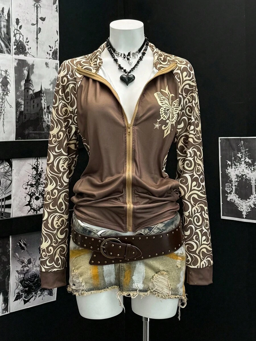 EgrlEra Women's Fashionable Punk Style Retro Printed Jacket Fall Winter Cloth For Women - Coffee Brown - View 1