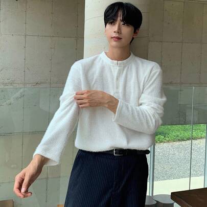 남성 솔리드 컬러 텍스처 패브릭 화이트 하프 플래킷 티셔츠, 가을 긴팔 남성 셔츠