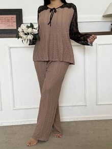 SHEIN Große Größen Spitze Patchwork Langarm Top & Hose Pyjama Set, Outfits, Herbstkleidung - Kaffeebraun - Übersicht 3