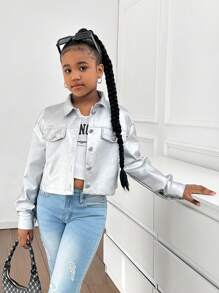 SHEIN 青少年女孩时尚休闲翻领口袋金属纽扣前 PU 短夹克 - 銀色 - 查看 4