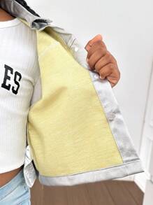 SHEIN 青少年女孩时尚休闲翻领口袋金属纽扣前 PU 短夹克 - 銀色 - 查看 7