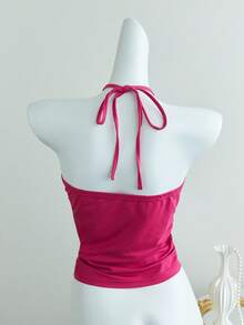 Elamini Women's Casual Vacation Beaded Halter Neck Tie Back Tank Top. Y2K Style. Beaded Style. - Hot Pink - View 2