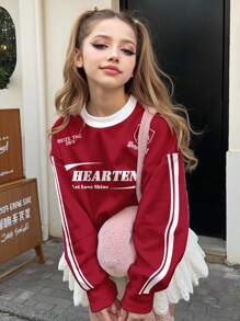 SHEIN Leap Crew 复古条纹，复古美国城市字母图案，安格拉复古红色，青少年女孩休闲宽松圆领舒适长袖运动衫，适合秋冬季，返校季，2000 年代风格，Y2K 服装，韩式风格，秋装，返校节，冬装，垃圾摇滚 - 彩色 - 查看 3