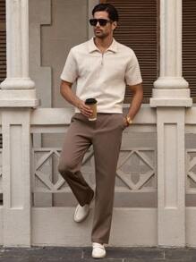 Manfinity VCAY 男士休闲针织宽松半襟弹力短袖 Polo 衫 - 杏色 - 查看 2