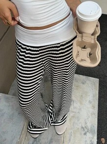 SHEIN EZwear Fall Clothes For  Women's Black And White Contrast Striped Casual Loose Straight Pants Business Casual Women - Multicolor - View 3